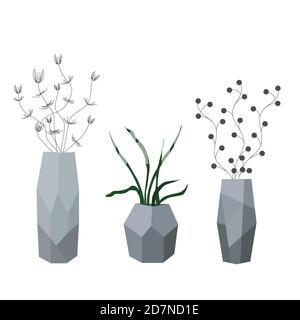 Set of faceted vases with blooming flowers for interior design. Abstract and live flowers in vases. flat vector illustration isolated on a white Stock Vector