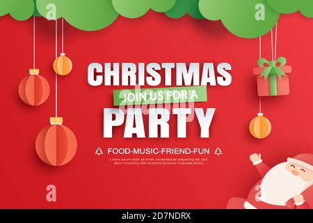 Merry christmas party invitation card in paper art template. Stock Vector