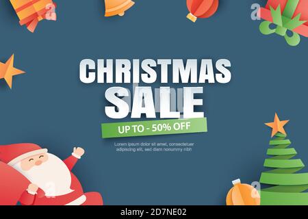 Christmas sale with gifts and elements on blue background banner in paper art style. Stock Vector