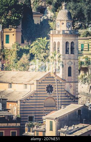 Portofino, Italy. Saint Martin (San Martino) church, Catholic worship. XII century in Romanesque style Lombardy. Stock Photo
