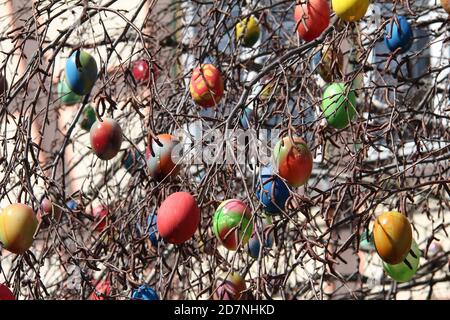 Closeup shot of decorated Easter eggs hanging from a tree Stock Photo