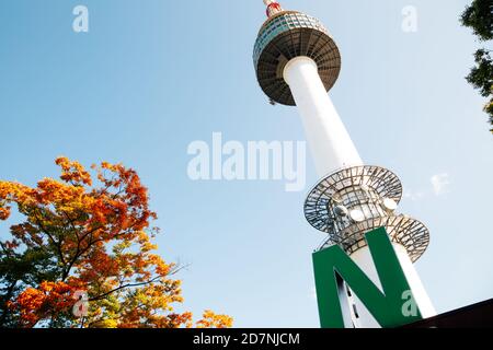 Seoul, Korea - October 8, 2020 : Namsan Seoul Tower with autumn maple leaves Stock Photo