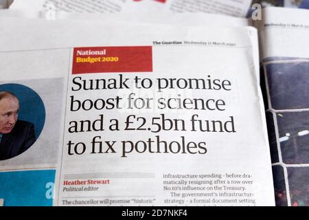 'Sunak to promise boost for science and a £2.5bn fund to fix potholes' The Guardian newspaper headline inside page Budget 2020 on 11 March London UK Stock Photo