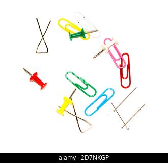 Office notebook and different paper clips on blue background Stock ...