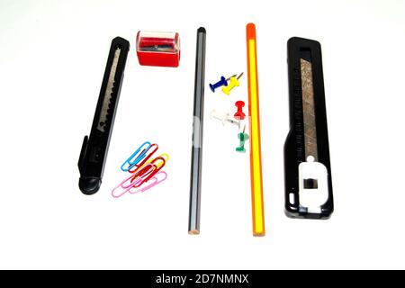 School office supplies. different stationery items isolated on white background. Stock Photo