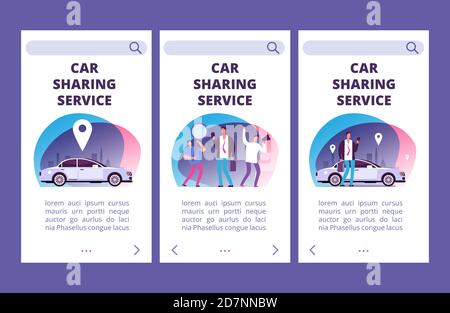 Car sharing service mobile app pages vector template. Illustration of car app service, web page for rent car, carsharing Stock Vector