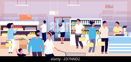 People in grocery store. Customers buying food in supermarket. Shopping customers choosing products. Consumerism vector concept. Interior of supermarket, buying food and drink illustration Stock Vector