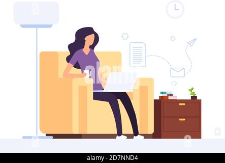 Woman at home office. Girl working with laptop. Professional businesswoman works with computer in home interior. Vector concept of businesswoman with laptop, young woman employee illustration Stock Vector