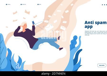 Anti spam app. Electronic inbox verification spam filtering piracy virus protection spammer mail safety software vector landing page. App protect security information, online anti spam illustration Stock Vector