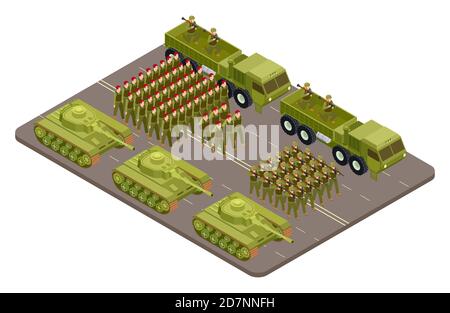 Military parade vector isometric with soldiers and military equipment. Military parade army, soldier uniform illustration Stock Vector