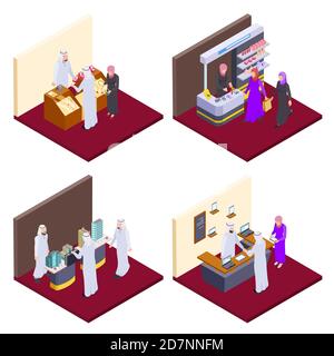 Arab 3d people, isometric arabs shopping vector concepts. Illustration of arabic buy jewelry and cosmetics Stock Vector