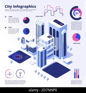 City smart infographic. Urban digital innovation future office futuristic architecture skyscraper smart cities vector business concept. Future smart building, architecture digital illustration Stock Vector