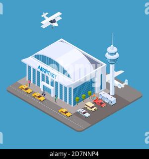 Vector airport isometric concept with passengers, taxi, airplane. Airport isometric terminal, travel transport illustration Stock Vector
