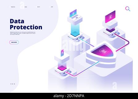 Data protection concept. Digital security channel money protect secure access internet safety privacy software vector landing page. Illustration of security technology isometric, web safety protect Stock Vector