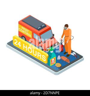Pest control isometric. Vector disinfection service for home and office. Illustration pest control service, worker and van Stock Vector