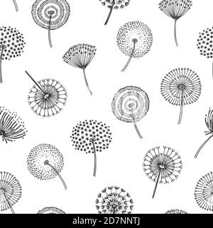 Dandelion seamless pattern. Dandelions grass pollen plant seeds blowing tranquil wind fluff flower macro nature vector spring texture. Dandelion seamless pattern, flower softness illustration Stock Vector