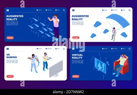 Isometric VR gaming, augmented reality vector landing pages templates. Illustration of virtual reality game, augmented isometric vr Stock Vector