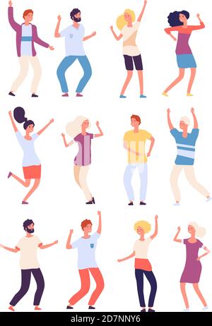 Cartoon dancing people. Happy persons dance, adults woman and man dancers. Party crowd fun isolated vector characters. Illustration happy dance, dancer person cheerful Stock Vector