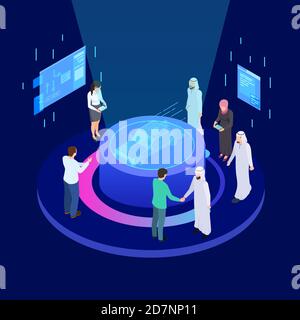 Innovative technologies in mechanical engineering. Autos development international business isometric vector concept. Illustration of presentation blue hologram car, engineering industrial Stock Vector