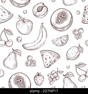 Doodle fruits seamless pattern. Sketch fresh organic berries vector endless texture. Fruits and berry healthy, sweet and ripe illustration Stock Vector