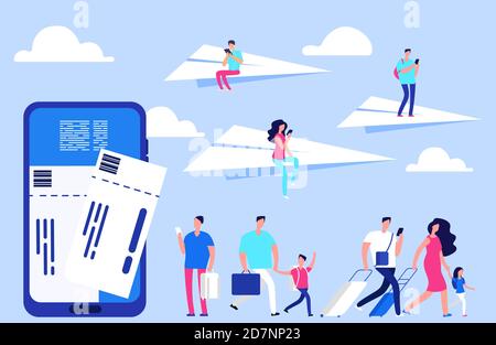 Vector online tickets concept. Travellers, smartphone with tickets, paper planes illustration. Smartphone online app for booking airplane flight Stock Vector