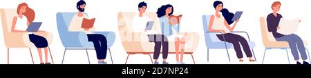 Readers characters. Persons reading books sitting on chair in bookstore. Students studying in university library vector concept. Illustration of reader sit in armchair and sofa, students studying Stock Vector