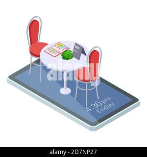 Online reserved table in cafe or restaurant with mobile app isometric concept. Illustration of isometric restaurant table on smartphone screen Stock Vector