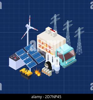 Electric service vector isometric composition with energy safety elements. Illustration of energy power, electric service 3d Stock Vector