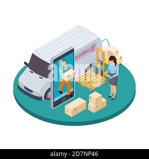 Online express delivery 3d isometric vector concept. Illustration of delivery isometric service online, express courier with box Stock Vector