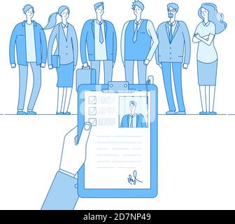 Staff recruitment. Human resources selection, employment job cv. People candidates interview. Hr choice employer linear vector concept. Illustration of employee hr, recruitment candidate Stock Vector