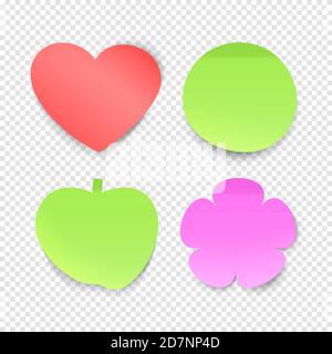 Memo stickers vector collection, sticky notes isolated on transparent background. Illustration of memo note, flower and heart, apple and round form Stock Vector