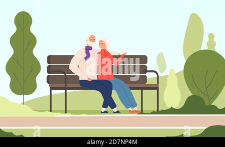 Elderly couple park. Seniors happy grandfather grandmother sitting on bench old family in summer nature city park vector concept. Illustration of couple sit on bench, grandfather and grandmother relax Stock Vector