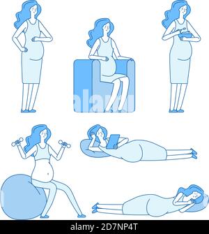 Pregnant women. Young woman expectant mom lying eating doing exercises happy pregnancy line vector set. Illustration of woman pregnancy, young pregnant Stock Vector