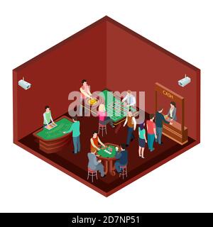 Gambling, casino room with people isometric vector design. Casino isometric, poker and jackpot, interior of room for gamble game illustration Stock Vector