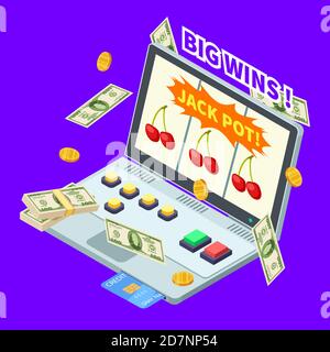 Online casino, jackpot win, banknotes, coins and credit card on laptop isometric vector illustration. Casino and jackpot online, gambling game on laptop Stock Vector