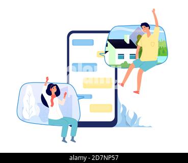 People in online chat. Man woman chatting couple writing on phone screen. Internet virtual love message with smartphone vector concept. Illustration of chat online, woman and man communication network Stock Vector