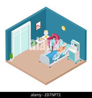 Hospital ward, resuscitation interior vector. Isometric nurse caring for older man. Illustration of medical care hospital, patient healthcare in ward Stock Vector