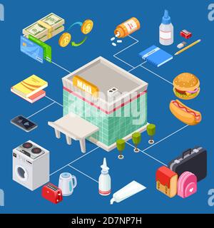 Isometric 3d multifunctional shopping mall vector design. Illustration of isometric shop mall, 3d supermarket retail Stock Vector