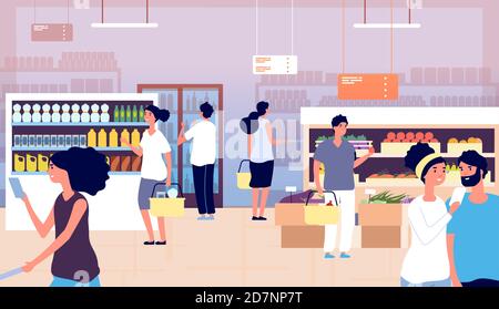 People in grocery store. Persons buy food, vegetables in supermarket. Shopping customers choosing products. Cartoon vector concept. Grocery market with food, store and shop retail illustration Stock Vector