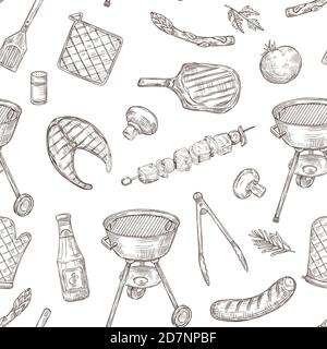 Barbecue seamless pattern. Sketch barbeque chicken grill vegetables fried steak meat picnic party vintage bbq food vector texture. Illustration of bbq grill party, chicken steak barbecue Stock Vector