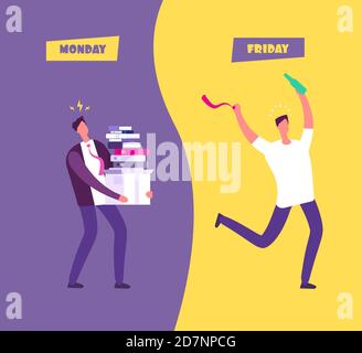 Happy friday concept. Businessman in sad overwhelmed monday vs relax friday. Enjoy weekend cartoon vector background. Friday and monday, happy and sad worker illustration Stock Vector