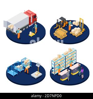 Delivery isometric. Logistic, distribution warehouse, parcel delivery isometric vector concepts. Illustration of delivery service Stock Vector