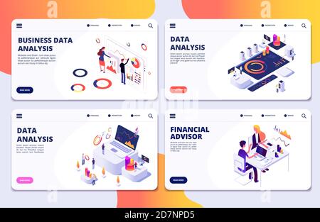 Data analysis, financial adviser, business data analysis vector landing pages template. Illustration of business financial management, analysis data Stock Vector