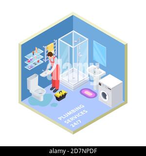 Plumbing service. Isometric bathroom. Vector plumber repairing toilet. Illustration installation workman in bathroom, plumbing work Stock Vector
