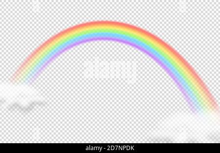 Realistic rainbow vector icon. Rainbow with clouds isolated on transparent background. Illustration of rainbow arch curve, spectrum effect Stock Vector