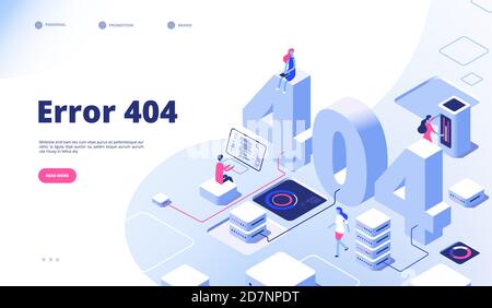 404 isometric page. Not working error lost not found 404 sign problem landing vector design. Illustration of 404 error page, 3d isometry webpage Stock Vector