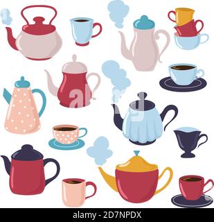 Teapot and cup collection. Cartoon water kettle and porcelain cups with tea. Kitchenware vector set. Teapot of cup, tea drink illustration Stock Vector