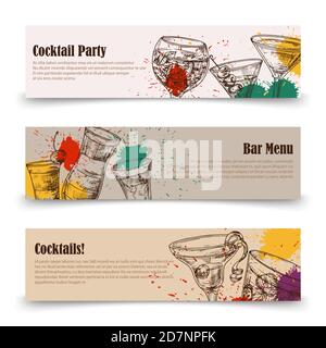 Art cocktail party banners with splashes - menu banners vector templates. Bar drink poster, cocktail party banner with colored splash illustration Stock Vector