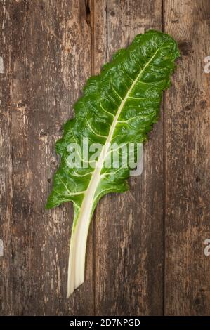 Studio shot of Swiss Chard leaves on a wooden background - John Gollop Stock Photo