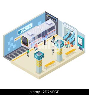 Subway station isometric vector illustration isolated on white. Isometric transport underground, subway station Stock Vector